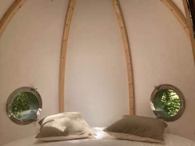 Hébergement insolite en forme de bulle, avec un toit en bois et fenêtres rondes.