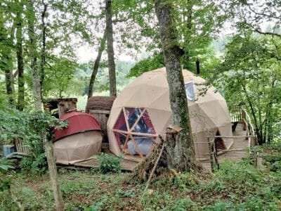 Dôme géodésique en bois, niché parmi les arbres du Limousin, offrant une expérience unique.