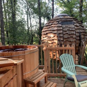Cabane en bois avec jacuzzi, nichée dans la forêt des Pays de la Loire.