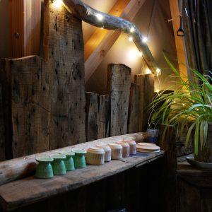 Hébergement insolite en Limousin, intérieur en bois avec pots colorés et plantes.