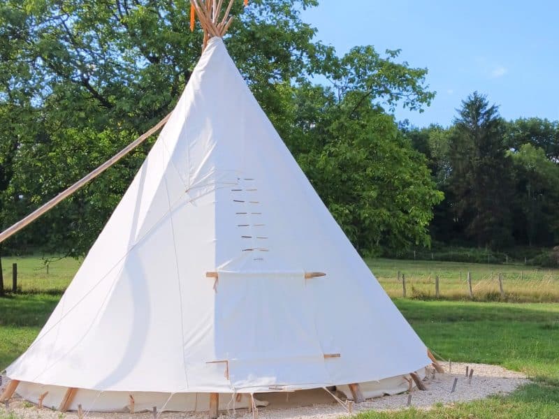 Tipi spacieux en pleine nature, entouré dherbe verte et darbres.