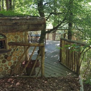 Cabane en bois avec toit végétal, entourée dune forêt verdoyante à Limousin.