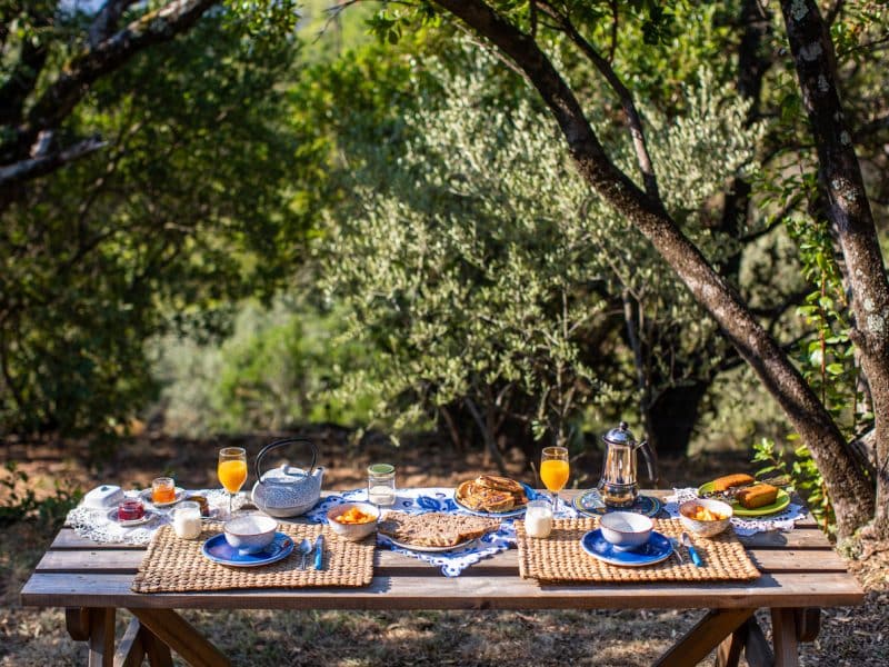 Table de petit-déjeuner en plein air, entourée darbres verdoyants.