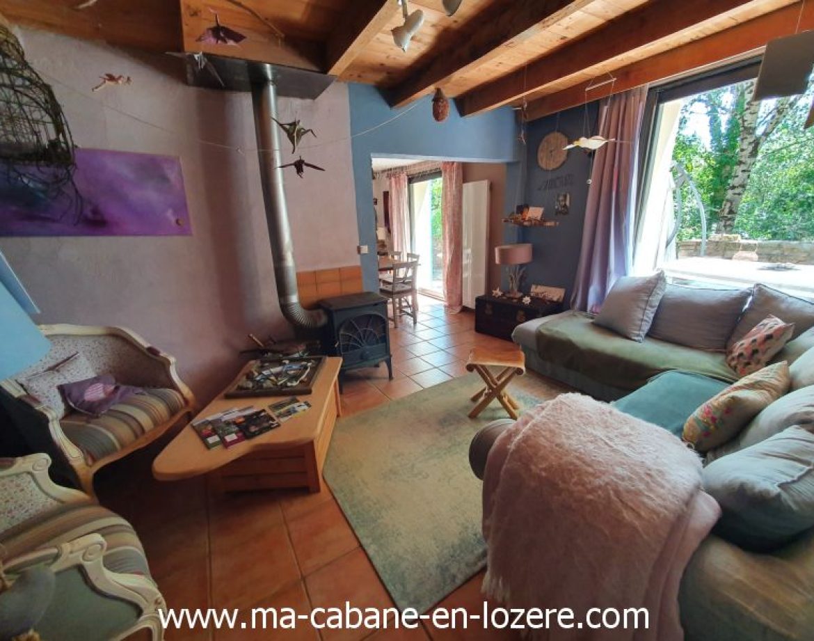 Cabane cosy en Languedoc-Roussillon, avec un salon lumineux et cheminée chaleureuse.