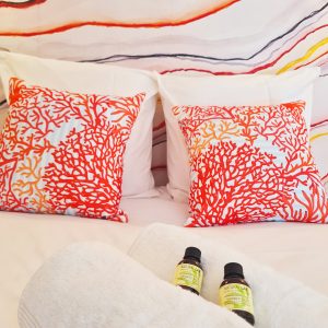 Chambre dhôtes colorée avec coussins corail et serviettes blanches à Bourgogne-Franche-Comté.