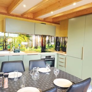 Hébergement insolite en Bourgogne-Franche-Comté, cuisine moderne avec vue sur la forêt.