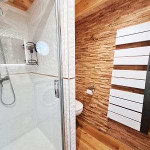 Salle de bain moderne dun hébergement insolite en Bourgogne-Franche-Comté, avec douche vitrée.