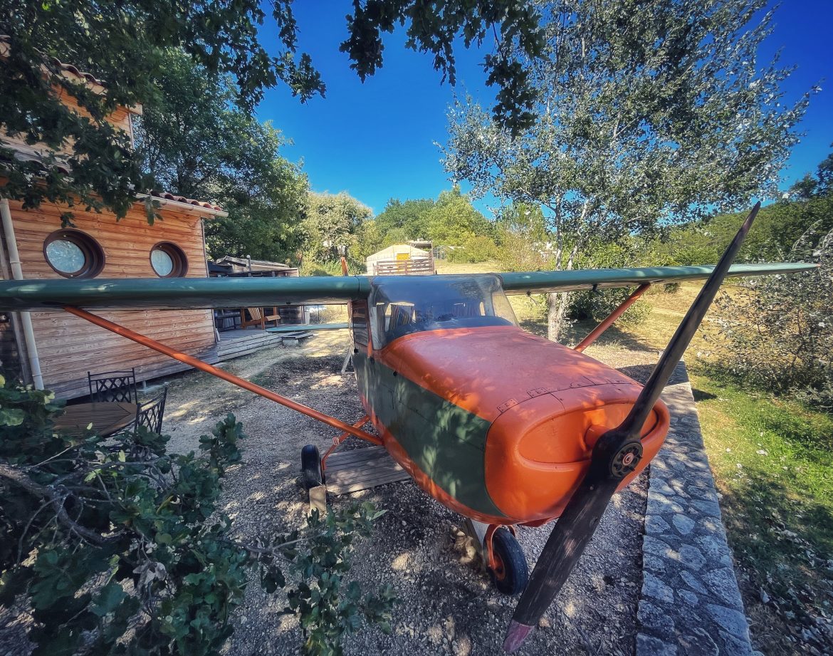 Hébergement insolite : un avion transformé en gîte, entouré darbres verdoyants.