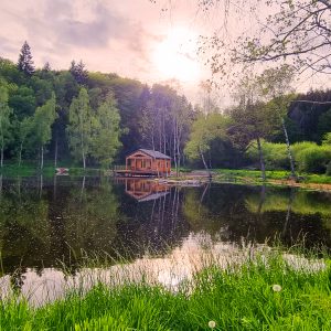 Cabane flottante en Bourgogne, entourée de verdure et reflet sur leau paisible.