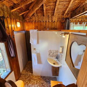 Cabane en bois avec salle de bain moderne et décor chaleureux à Hauts-de-France.
