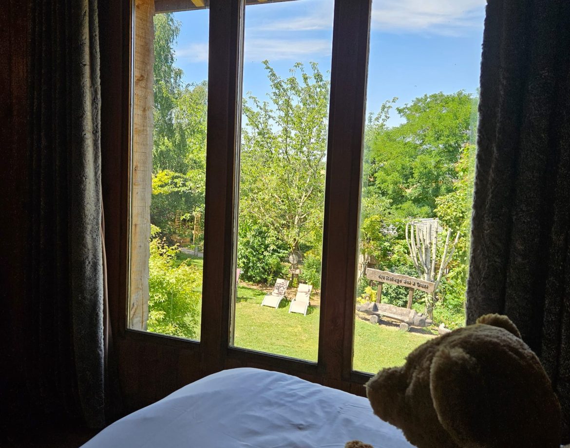 Chalet en bois avec vue sur un jardin verdoyant et un ours en peluche sur le lit.
