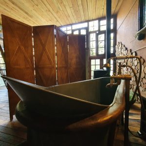 Hébergement insolite en Nouvelle-Aquitaine avec baignoire vintage et décor en bois.