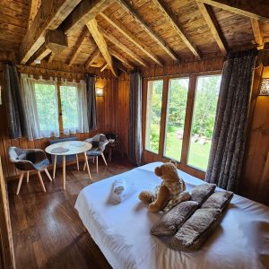 Cabane en bois cosy avec vue sur la nature, lit douillet et décor chaleureux.
