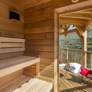 Sauna en bois avec terrasse, offrant une vue apaisante sur la nature en Auvergne-Rhône-Alpes.