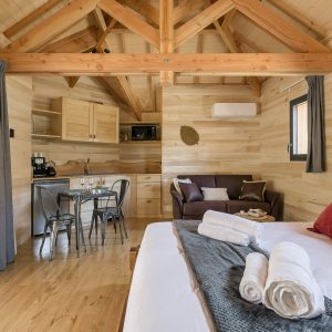 Chalet en bois lumineux avec cuisine équipée et coin salon confortable.