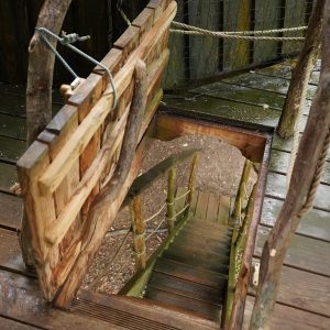 Escalier en bois menant à un hébergement insolite en cabane, ambiance nature.