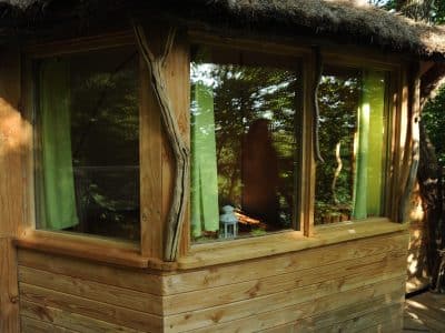 Cabane perchée en bois avec fenêtres en verre et rideaux verts, entourée de verdure.