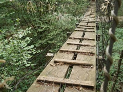 Pont suspendu menant à un hébergement insolite en pleine nature en Bourgogne-Franche-Comté.