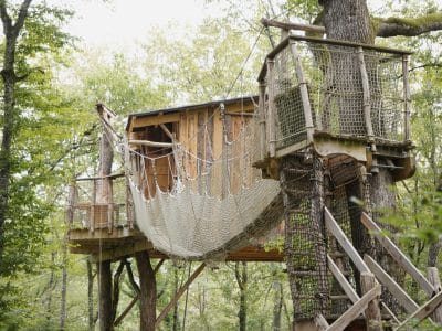 Cabane perchée dans les arbres avec un filet suspendu, entourée de verdure.