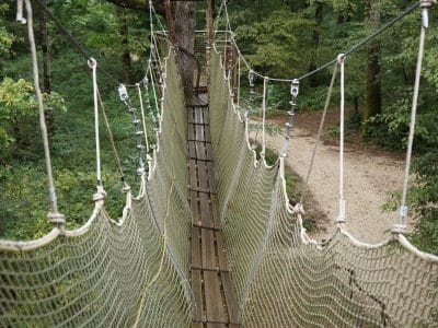 Suspension en hauteur dans les arbres, hébergement insolite en Bourgogne-Franche-Comté.