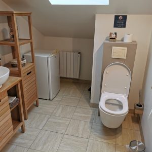 Salle de bain moderne dans un hébergement insolite en Auvergne-Rhône-Alpes.