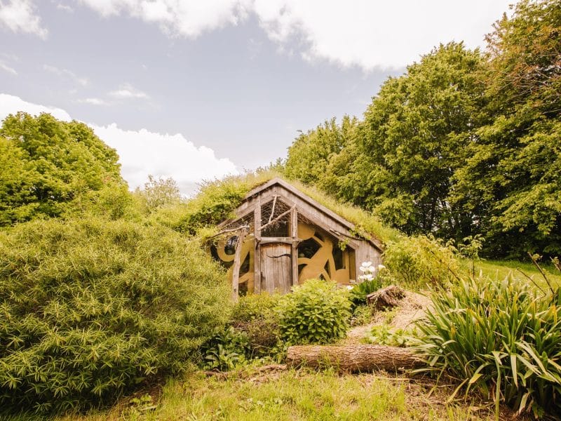 Charmante cabane en bois, entourée de verdure luxuriante et de fleurs sauvages.