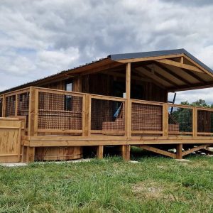 Cabane en bois sur pilotis avec terrasse spacieuse, située en Aquitaine.
