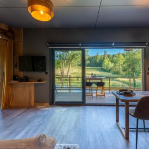 Hébergement insolite en Aquitaine, intérieur moderne avec vue sur la nature verdoyante.