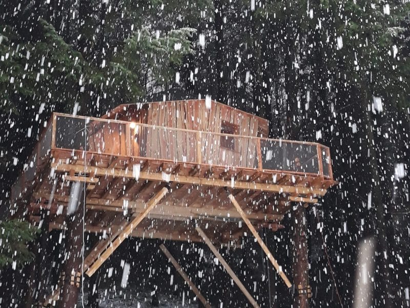 Cabane en bois perchée, entourée darbres, sous une neige abondante.