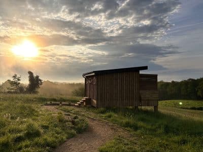 Cabane en bois au coucher de soleil, entourée de verdure en Aquitaine.