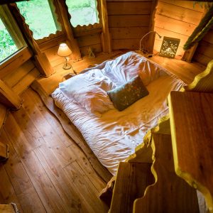Chalet en bois avec lit douillet et lumière douce, entouré de nature verdoyante.