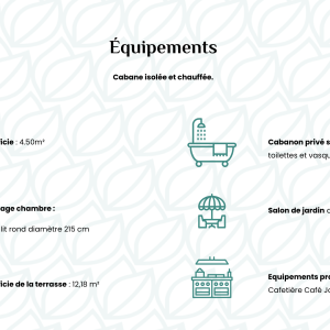 Cabane isolée et chauffée en Bretagne, avec terrasse et salon de jardin.