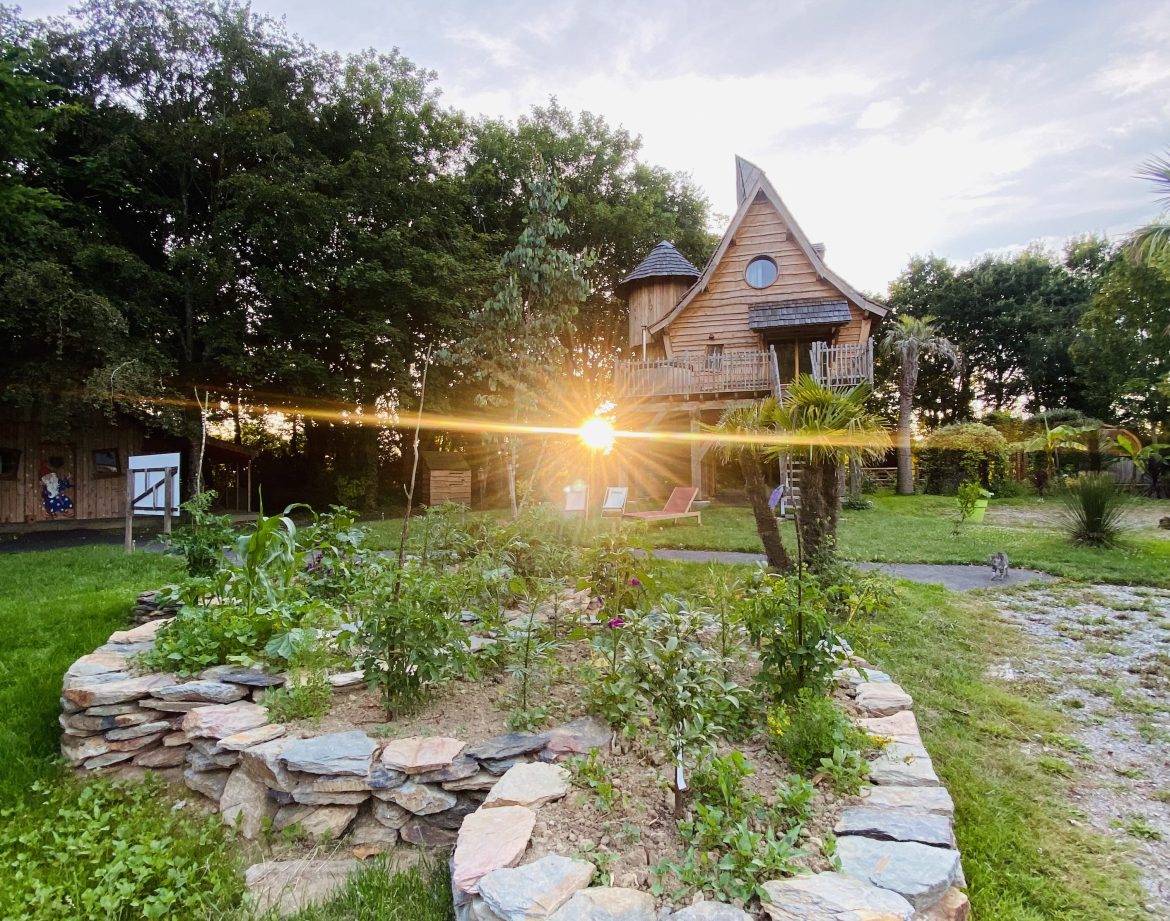Cabane perchée en Bretagne, entourée de verdure et dun jardin en pierres.