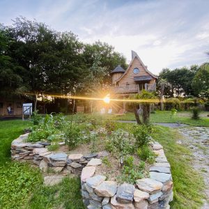 Cabane perchée en Bretagne, entourée de verdure et dun jardin en pierres.