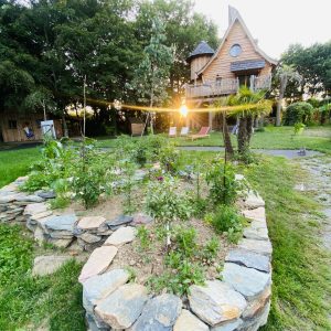 Cabane en bois en Bretagne, entourée de jardins fleuris et dune lumière dorée.