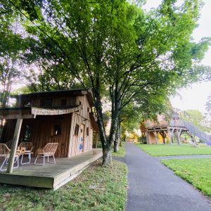 Cabane en bois en Bretagne, entourée darbres, avec terrasse et mobilier extérieur.