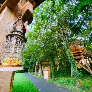 Cabane dans les arbres avec lanternes anciennes et verdure environnante.