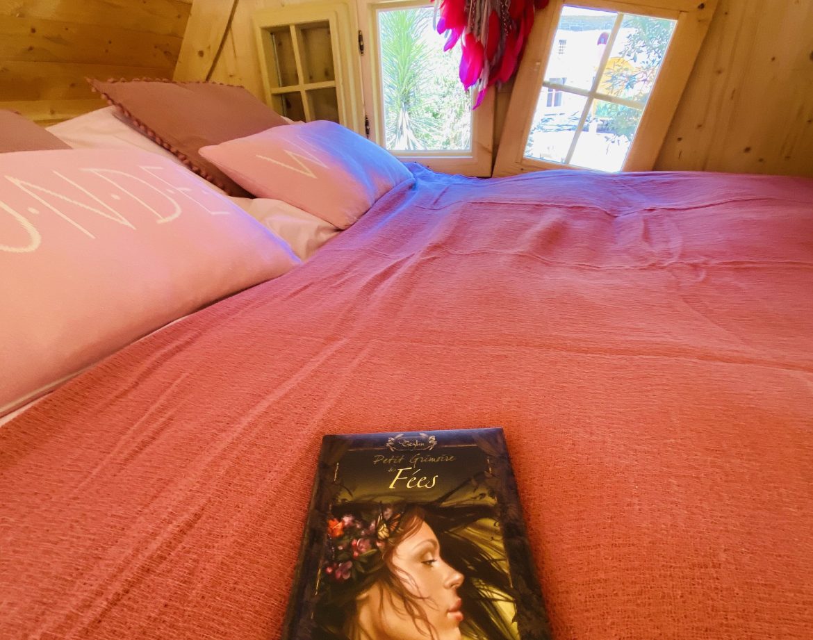 Cabane en bois en Bretagne, lit douillet avec décor boho et fenêtres charmantes.