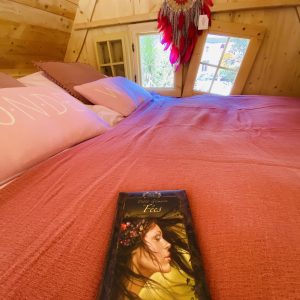 Cabane en bois en Bretagne, lit douillet avec décor boho et fenêtres charmantes.