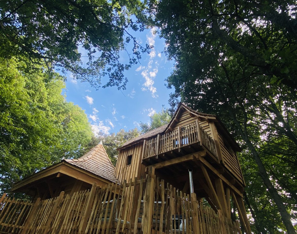 Cabane perchée en bois, entourée darbres, avec un ciel bleu en arrière-plan.