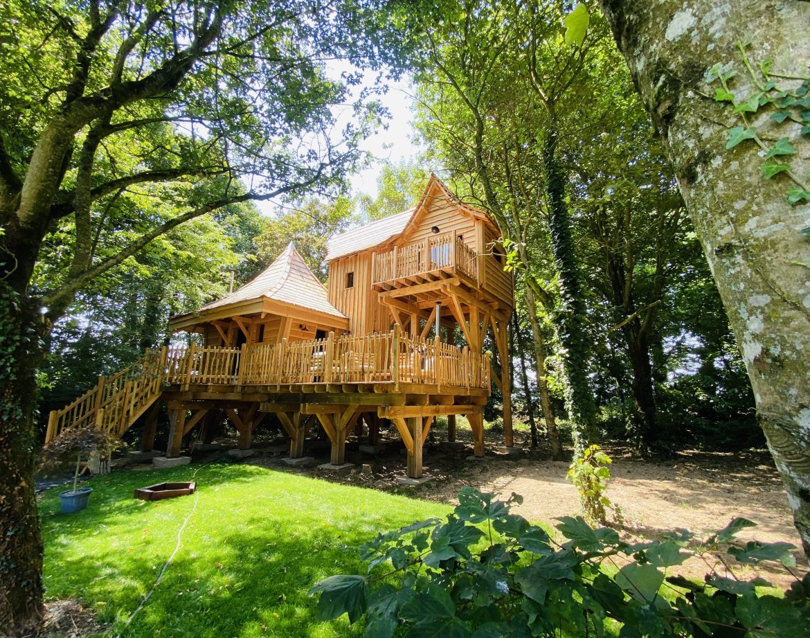 Cabane en bois perchée dans les arbres, entourée de verdure en Bretagne.