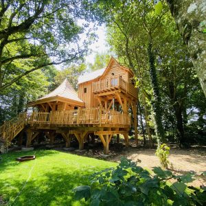 Cabane en bois perchée dans les arbres, entourée de verdure en Bretagne.