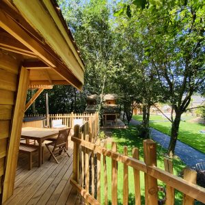 Cabane en bois perchée, entourée darbres, avec terrasse ensoleillée.