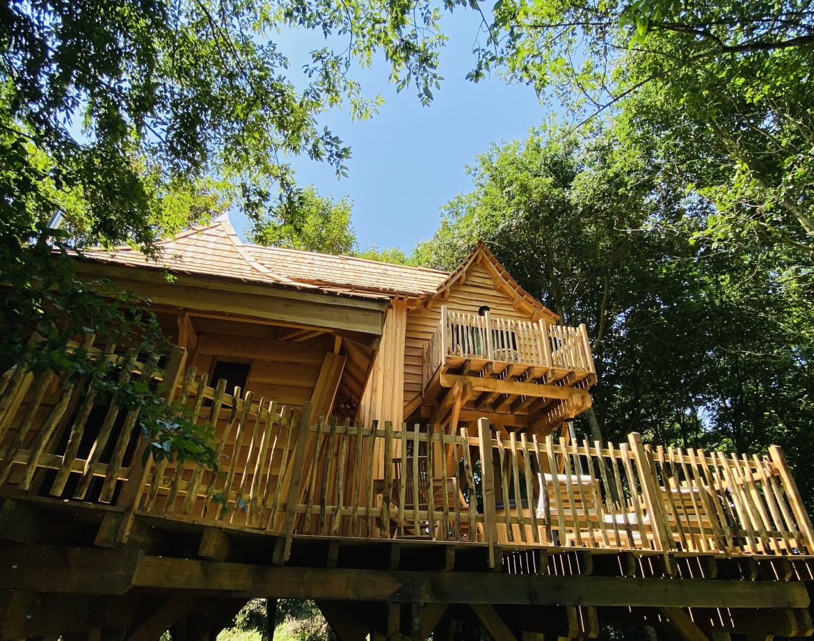 Cabane en bois perchée, entourée darbres, avec une grande terrasse en bois.