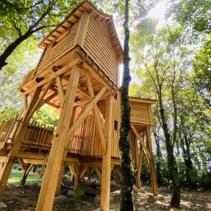 Cabane perchée en bois en Bretagne, entourée darbres verdoyants et lumineuse.