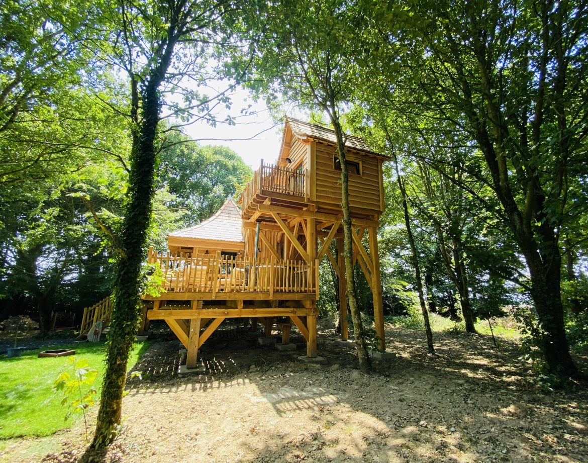 Cabane perchée en bois, entourée darbres, offrant une vue paisible sur la nature.