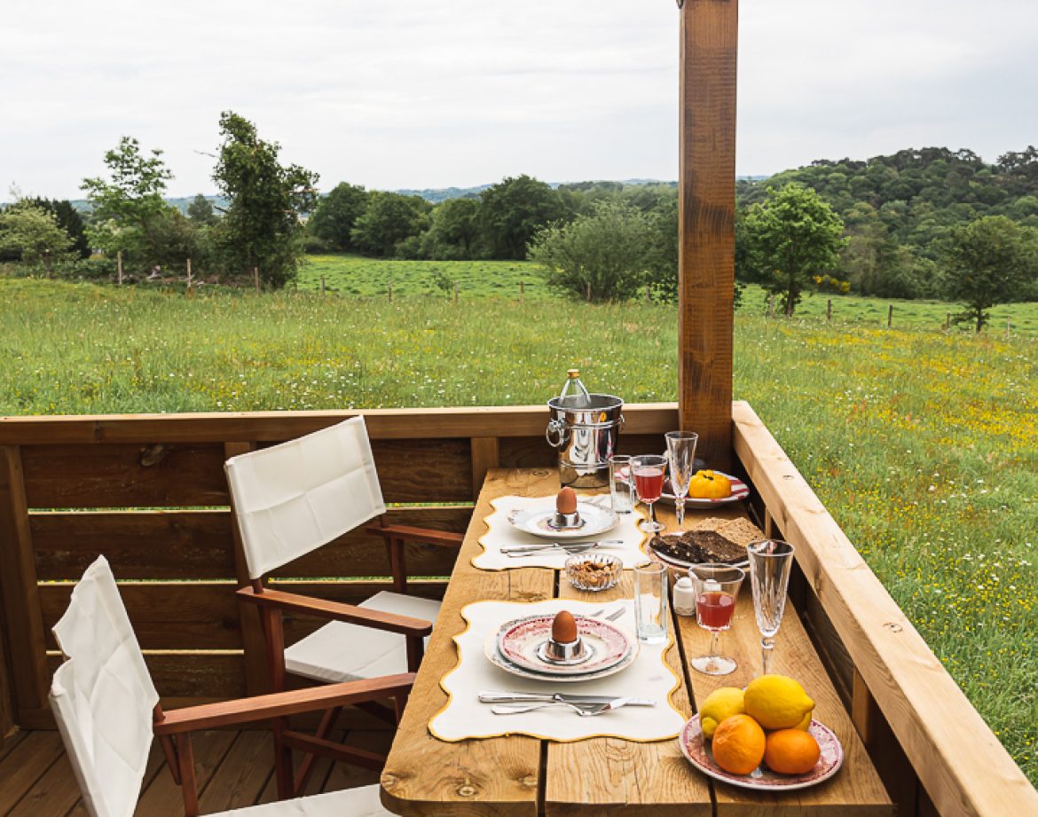 Hébergement insolite en Aquitaine : terrasse en bois avec vue sur la nature verdoyante.