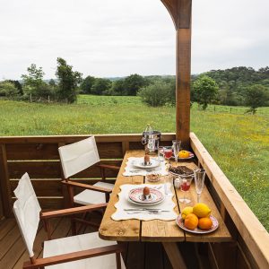 Hébergement insolite en Aquitaine : terrasse en bois avec vue sur la nature verdoyante.