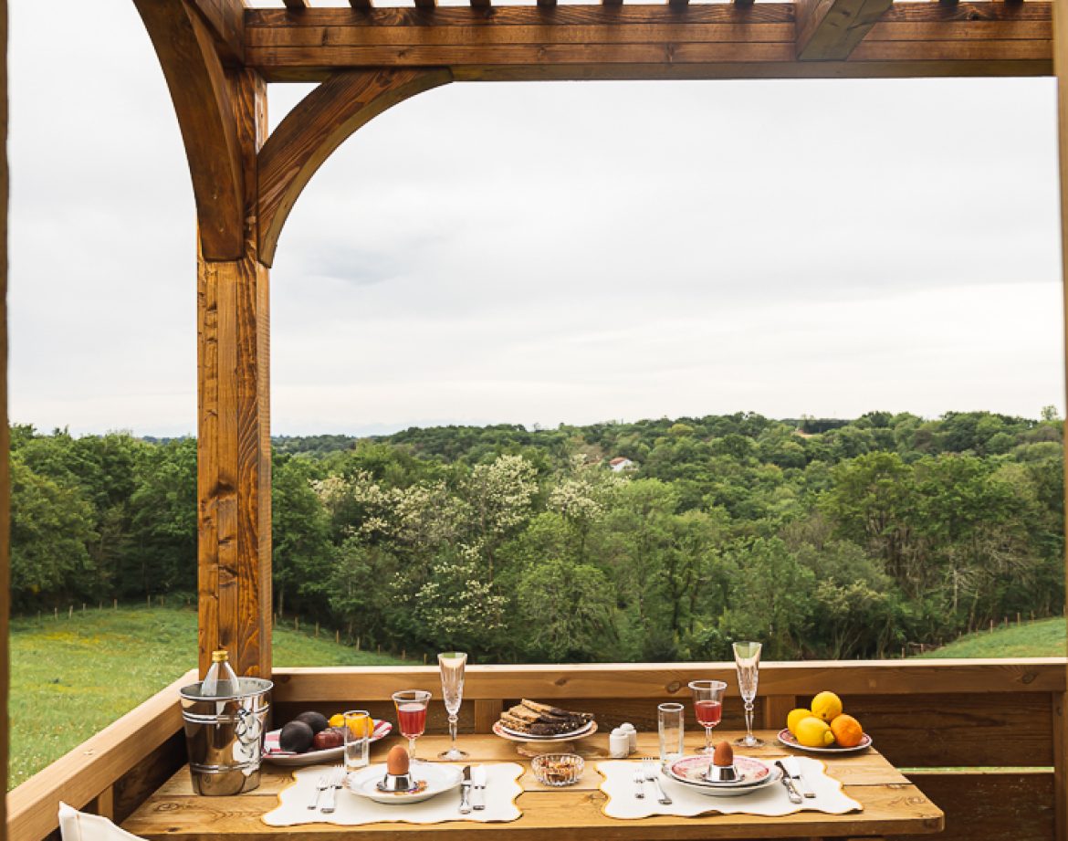 Hébergement insolite en Aquitaine : terrasse en bois avec vue sur la nature verdoyante.