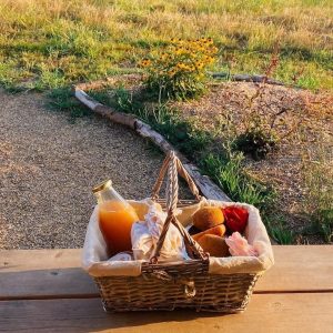 Panier gourmand devant un hébergement insolite en Aquitaine, entouré de verdure.